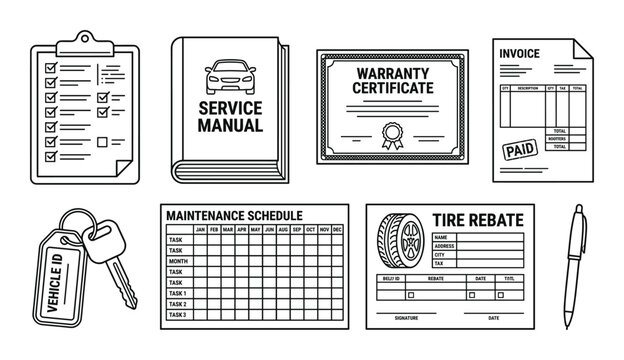 Automotive paperwork and documents including service manual warranty certificate invoice and checklist