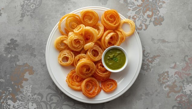 Jalebi Fafda, a traditional Indian dish served with green chutney on a white plate, is enjoyed during celebrations, festivals, or as a morning snack; jalebis are sweet and circular