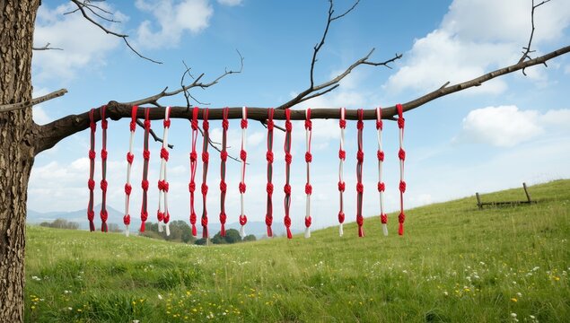 Red and white Martenitsa bracelets hung on a tree branch for a Bulgarian spring custom, symbolizing folklore, seasonal practices, and wishes for health and happiness