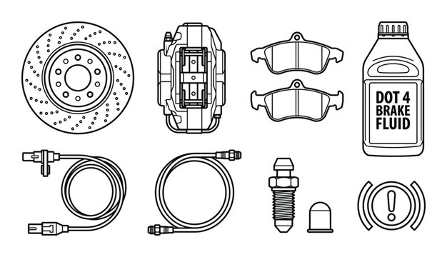 Brake system components collection with disc rotor caliper pads and fluid bottle on checkered background