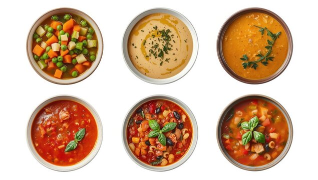 variety of soups on light backdrop