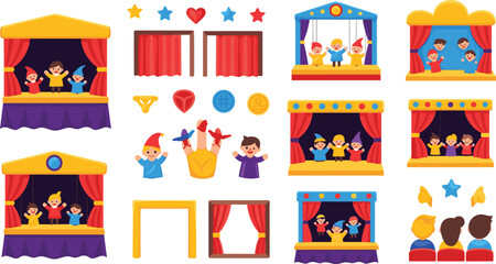 Fototapeta premium Kids puppet theater vector set with stage, curtains, audience and performers, storytelling play, children entertainment illustration collection