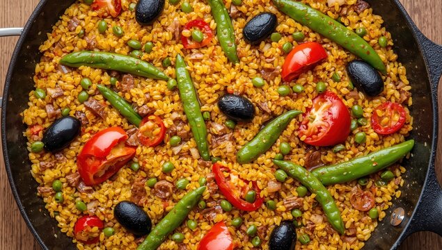 Bird's-eye view of vegetable paella featuring beans, fava beans, red bell peppers, olives, and tomatoes