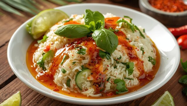 Herbed and vegetable rice salad with Budu sauce. Spicy Thai southern rice dish with fish sauce