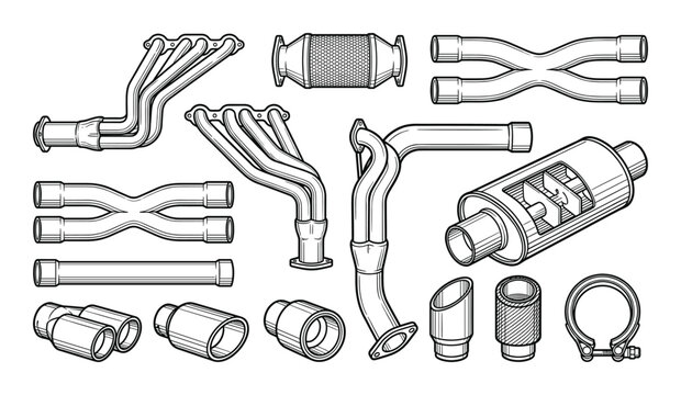 Car exhaust system components headers catalytic converter muffler pipes and tips drawing