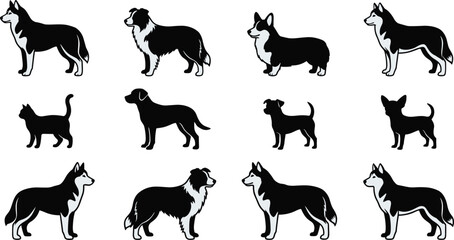 Dog silhouette vector set with different breeds standing and walking poses domestic pet animal icons collection © pappa