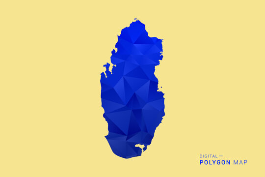 Qatar Map - Low poly polygon map in deep blue gradient on soft beige background, modern minimal geometric design, clean abstract vector illustration with faceted triangulated style.