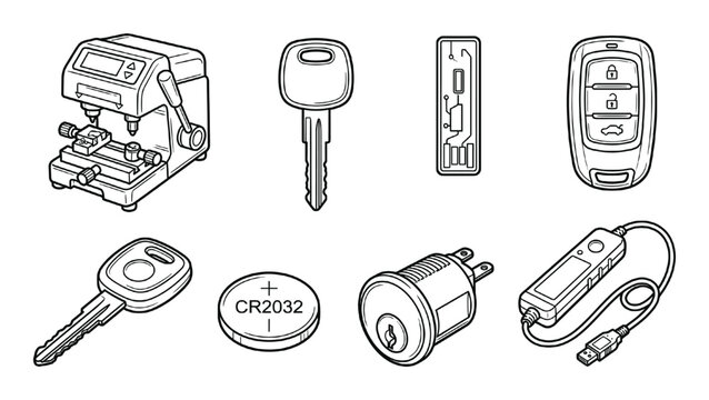 Car key duplication service equipment with electronic remote fobs transponder chips and lock cylinder