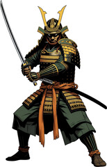 Fototapeta premium Samurai warrior in black and gold armor with horned helmet wields katana sword.