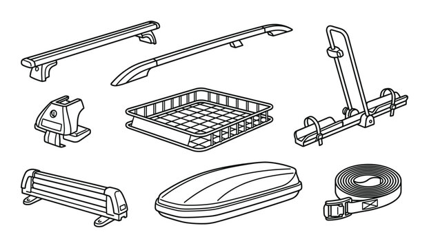 Car roof rack cargo box ski rack bike rack and tie down strap vector drawing