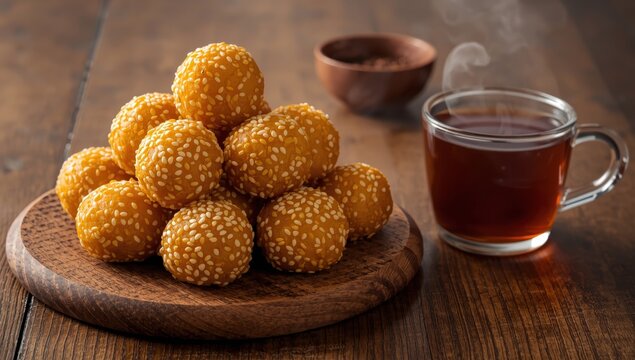Close-up of onde onde ketawa, a fried wheat flour and sesame seed snack, served on a wooden tray with tea on a brown table