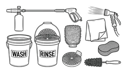Car wash equipment set bucket sponge brush spray hose foam bottle and microfiber cloth drawing © GoDesigner