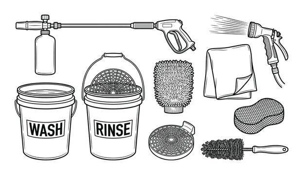Car wash equipment set bucket sponge brush spray hose foam bottle and microfiber cloth drawing