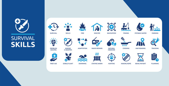 Survival Skills Icons Set &ndash; Outdoor Adventure, Emergency & Bushcraft Flat Vector Collection