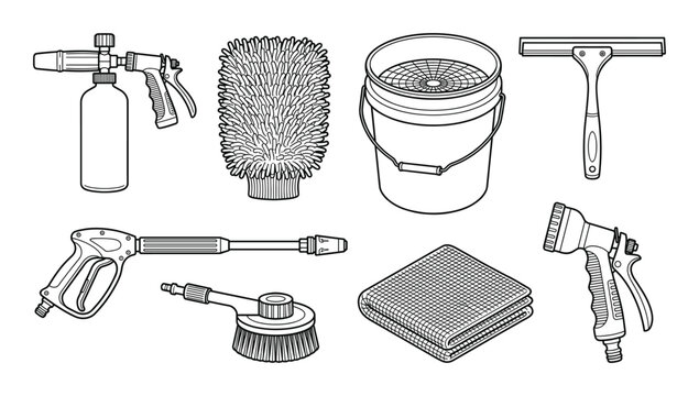 Car washing equipment collection includes foam cannon pressure washer wand wash mitt bucket and cloth