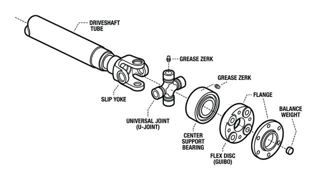Driveshaft assembly diagram with slip yoke universal joint center support bearing and flange vector