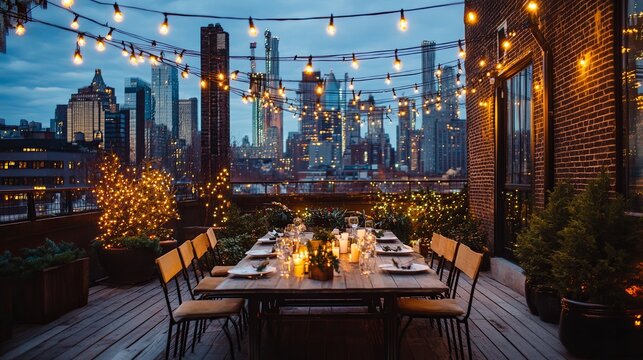 Rooftop terrace with Christmas dinner setup under string lights .