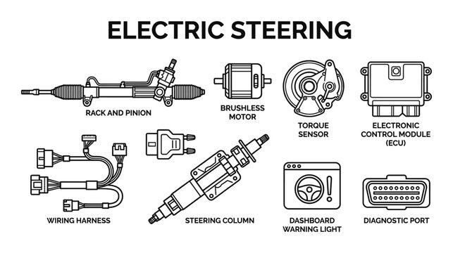 Electric steering system components blueprint style line art on transparent background