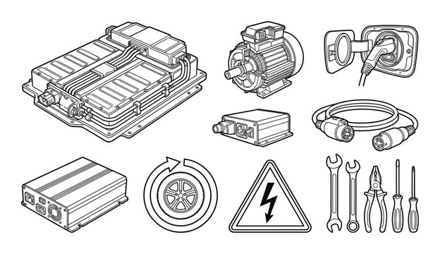 Electric vehicle powertrain components and high voltage charging equipment set with maintenance tools