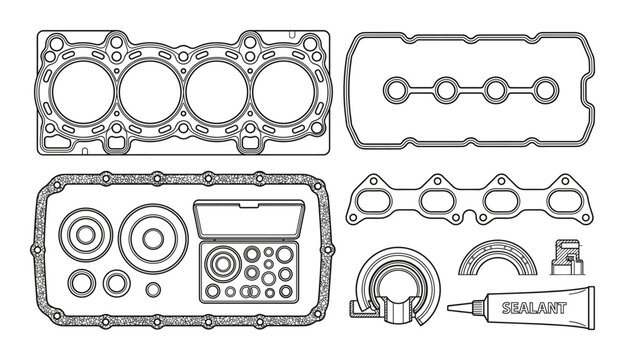 Engine gasket and sealing kit collection including cylinder head gasket valve cover and intake seals