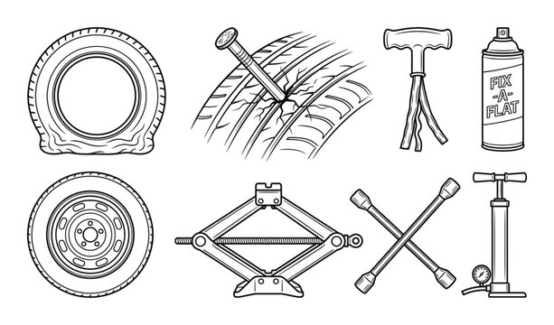 Flat tire repair kit and tools for roadside assistance icons set in hand drawn vintage sketch style