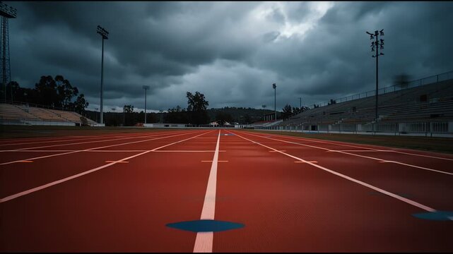 Empty outdoor running track under dramatic cloudy sky with stadium lights and bleachers
