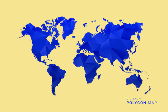 World Map - Low poly polygon map in deep blue gradient on soft beige background, modern minimal geometric design, clean abstract vector illustration with faceted triangulated style.