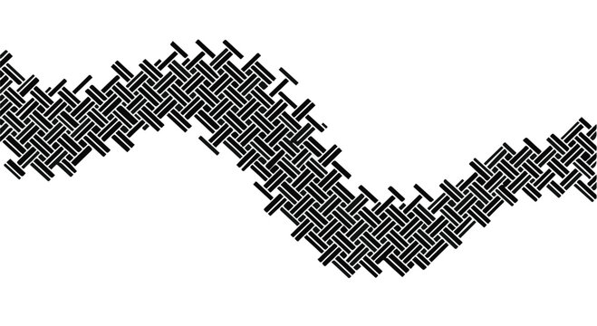 Wavy abstract pattern, composed of intricate interlocking black geometric shapes on a pristine white background, creates a dynamic visual texture suitable for modern backgrounds, website headers,.