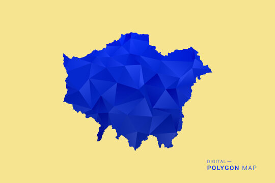 London Map - Low poly polygon map in deep blue gradient on soft beige background, modern minimal geometric design, clean abstract vector illustration with faceted triangulated style.
