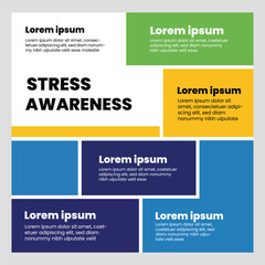 Fototapeta premium Stress Awareness infographic layout with colored boxes and placeholder text clean modern vector design for mental health education