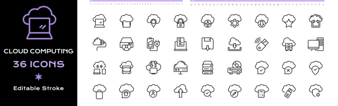 Cloud Computing Line Icons - Vector Editable Stroke Illustration Icon Sheet.