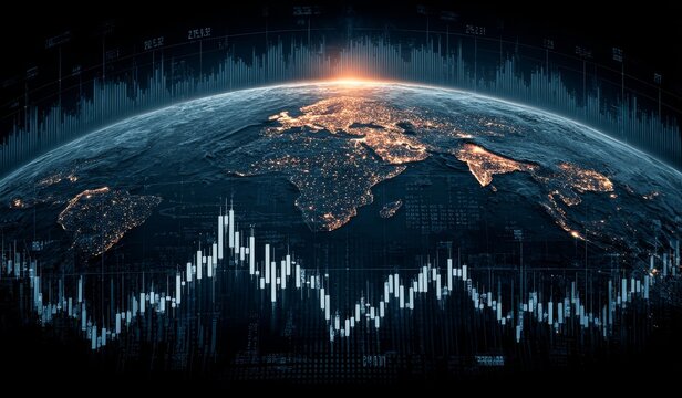 Vector illustration of global financial market with dark blue background, stock market charts and graphs foreground, globe featuring candlestick trading lines, representing worldwide business sales da