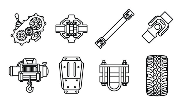 Off-road vehicle parts set outline vector illustration. transfer case differential drive shaft winch