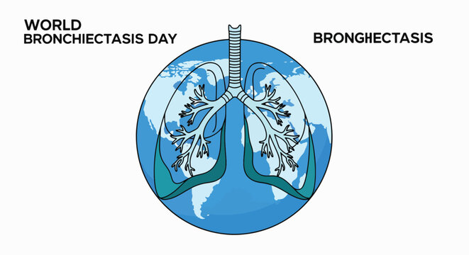 Illustration of human lungs with bronchiectasis inside a blue globe with World Bronchiectasis Day text