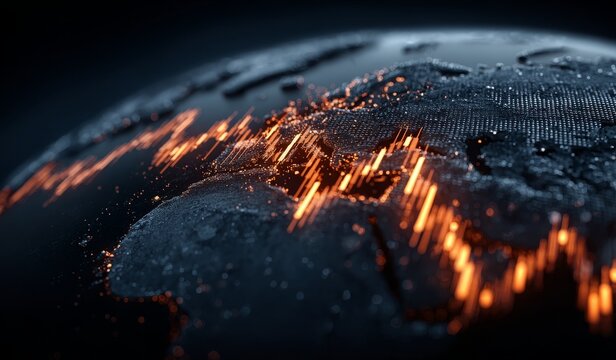 Vector illustration of global financial market with dark blue background, stock market charts and graphs foreground, globe featuring candlestick trading lines, representing worldwide business sales da