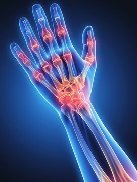 3D rendered medical illustration of human hand with joint pain highlighted in red on blue background, detailed anatomical diagram showing inflammation locations.