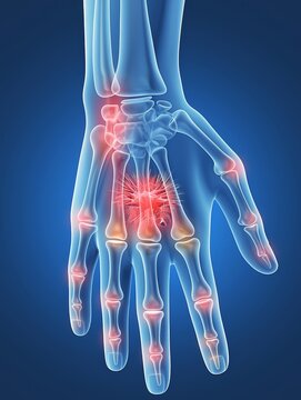 3D rendered medical illustration of human hand with joint pain highlighted in red on blue background, detailed anatomical diagram showing inflammation locations.