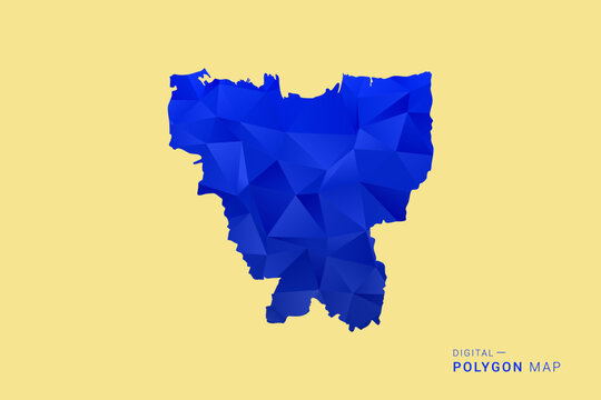 Jakarta Map - Low poly polygon map in deep blue gradient on soft beige background, modern minimal geometric design, clean abstract vector illustration with faceted triangulated style.