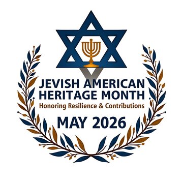 Jewish American Heritage Month emblem for May 2026, Star of David with menorah and laurel wreath, honoring resilience and contributions