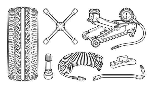 Set of auto repair tire service tools, line art icons on transparent background