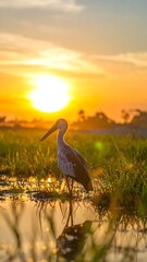 Obraz premium Bird silhouette standing in a field reflecting sunset's golden glow
