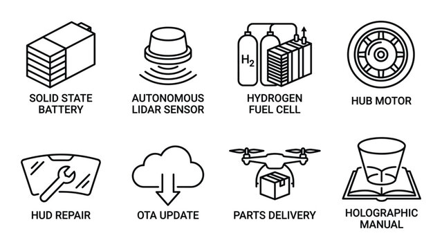 Set of innovative automotive technologies, line art icons on transparent background