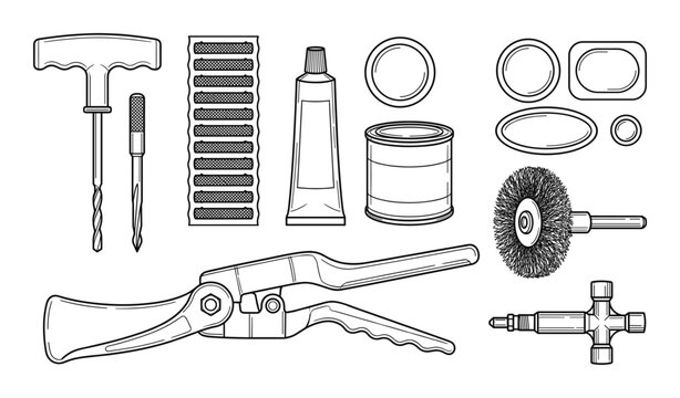 Set of tire repair and sealing tools collection of line art symbols for automotive