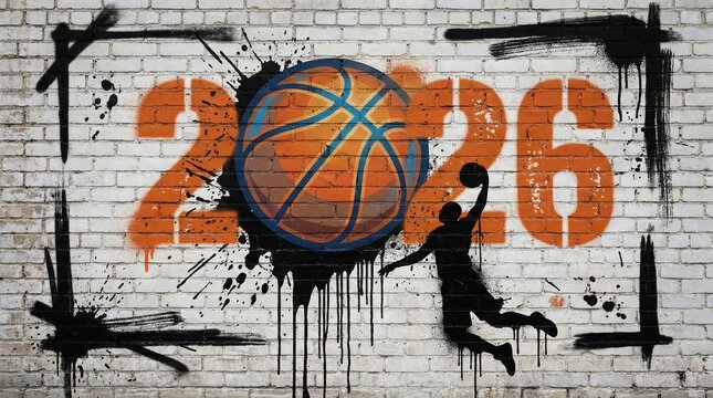 Urban basketball graffiti mural with bold orange 2026 and silhouette of player dunking ball on white brick wall