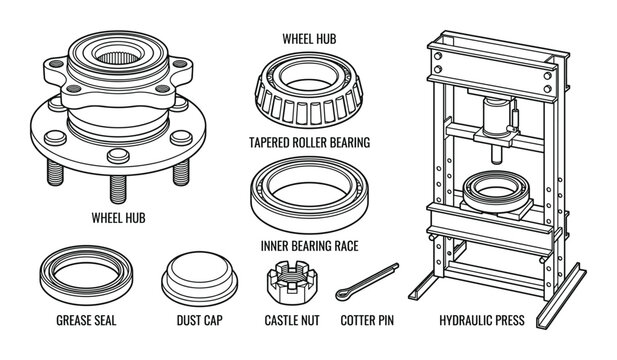Wheel hub bearing kit with grease seal dust cap castle nut and hydraulic shop press equipment vector