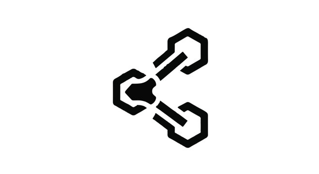 Intricate black geometric icon featuring stylized hexagonal components intricately linked by central bars, effectively symbolizing digital connection, data sharing, and robust technological.