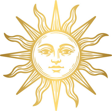 Golden celestial sun with radiant rays mystical solar star