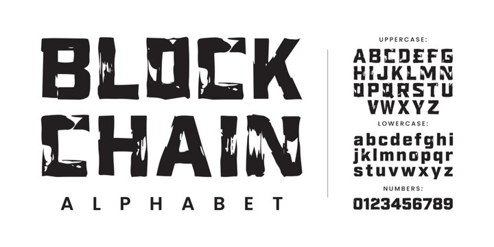 Block Chain heavy geometric font with rough grunge texture and industrial stencil style for technology construction branding
