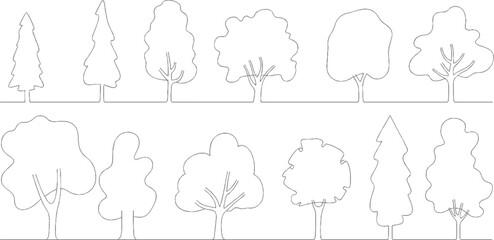 Collection of stylized line trees in various shapes and sizes on a white background forest nature outline © ESIPOOS