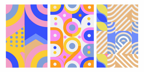 Obraz premium Abstract geometric patterns in vibrant colors arranged in a triptych format